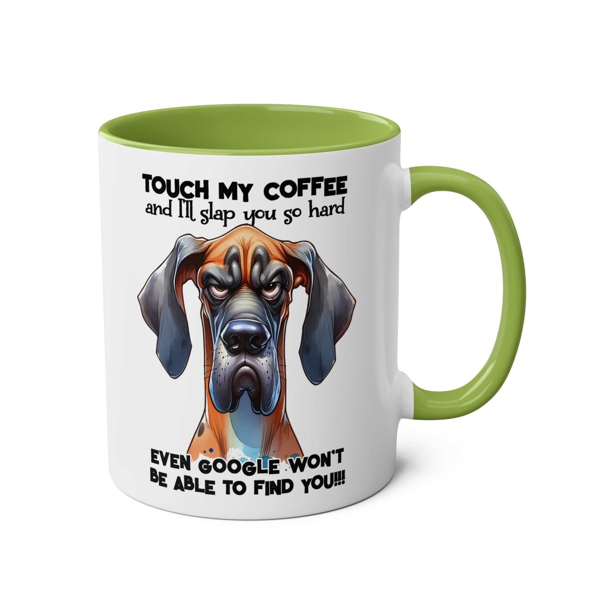 Dog-themed "Touch My Coffee Mug" with playful design, glossy finish, and microwave-safe feature.