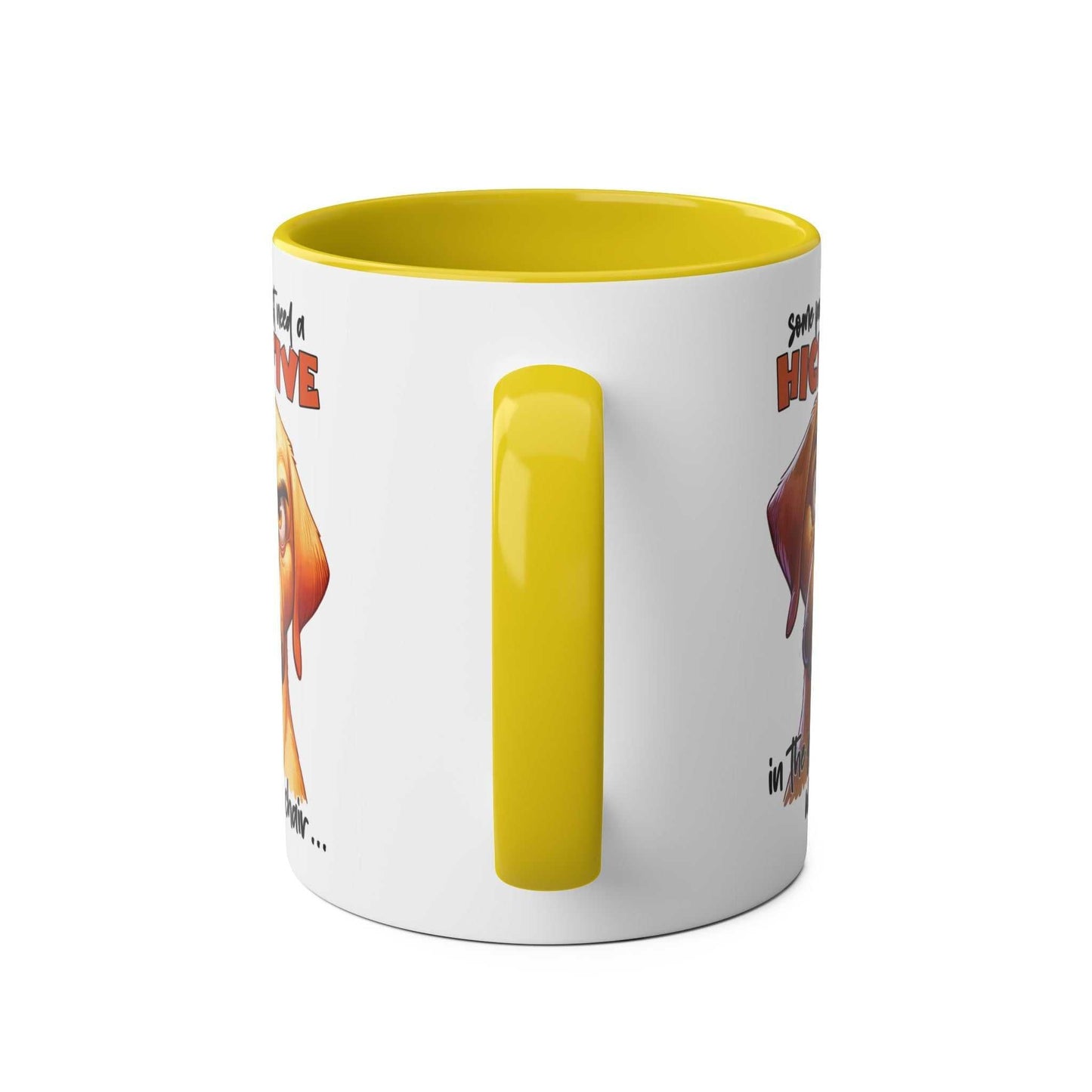 High Five Coffee Mug with snarky dog graphic, yellow handle, and glossy finish.