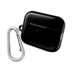 Black AirPods/Pro protective case with hard shell, glossy finish, and carabiner for secure carrying