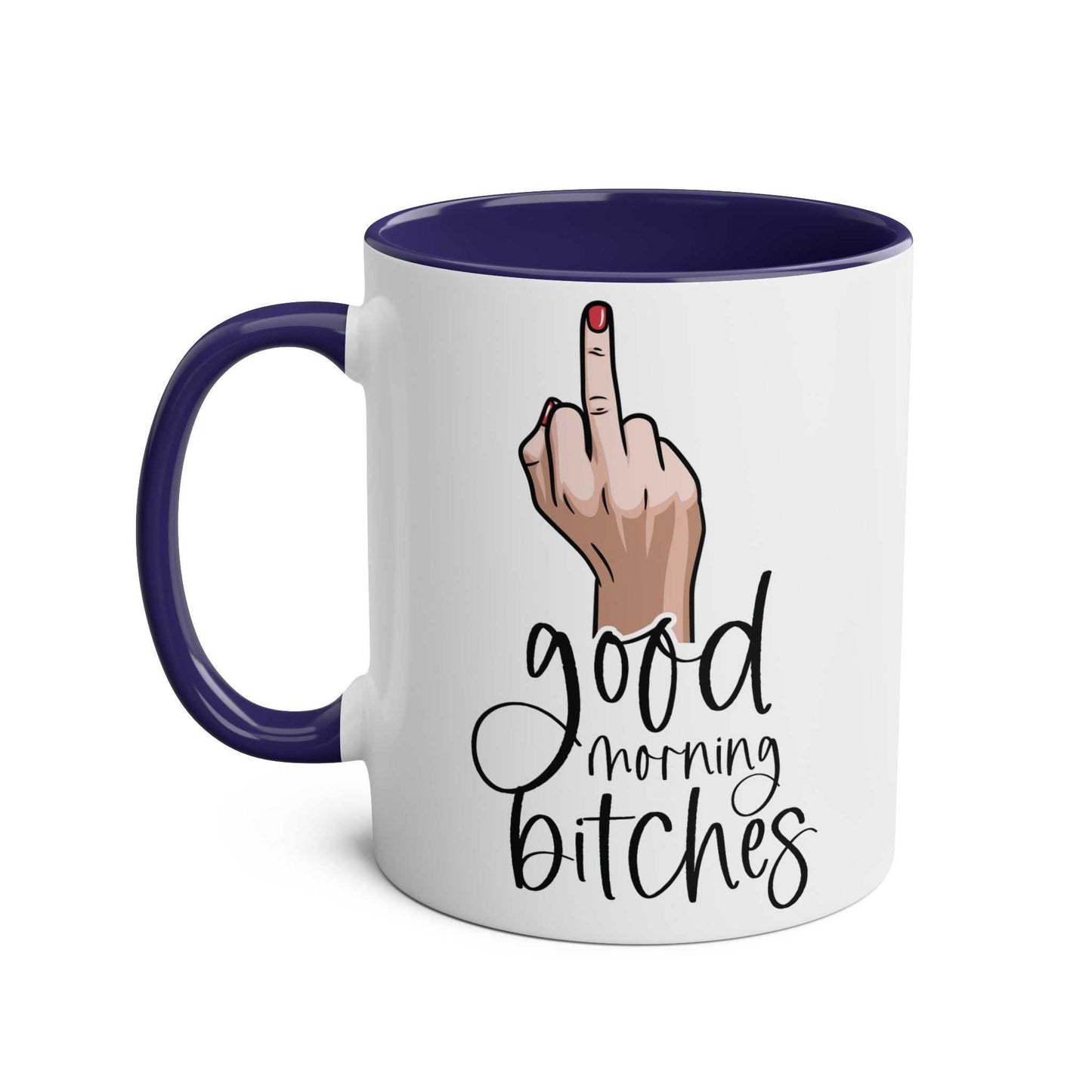 Cheeky rude ceramic two tone mug with middle finger illustration and "Good Morning" text.