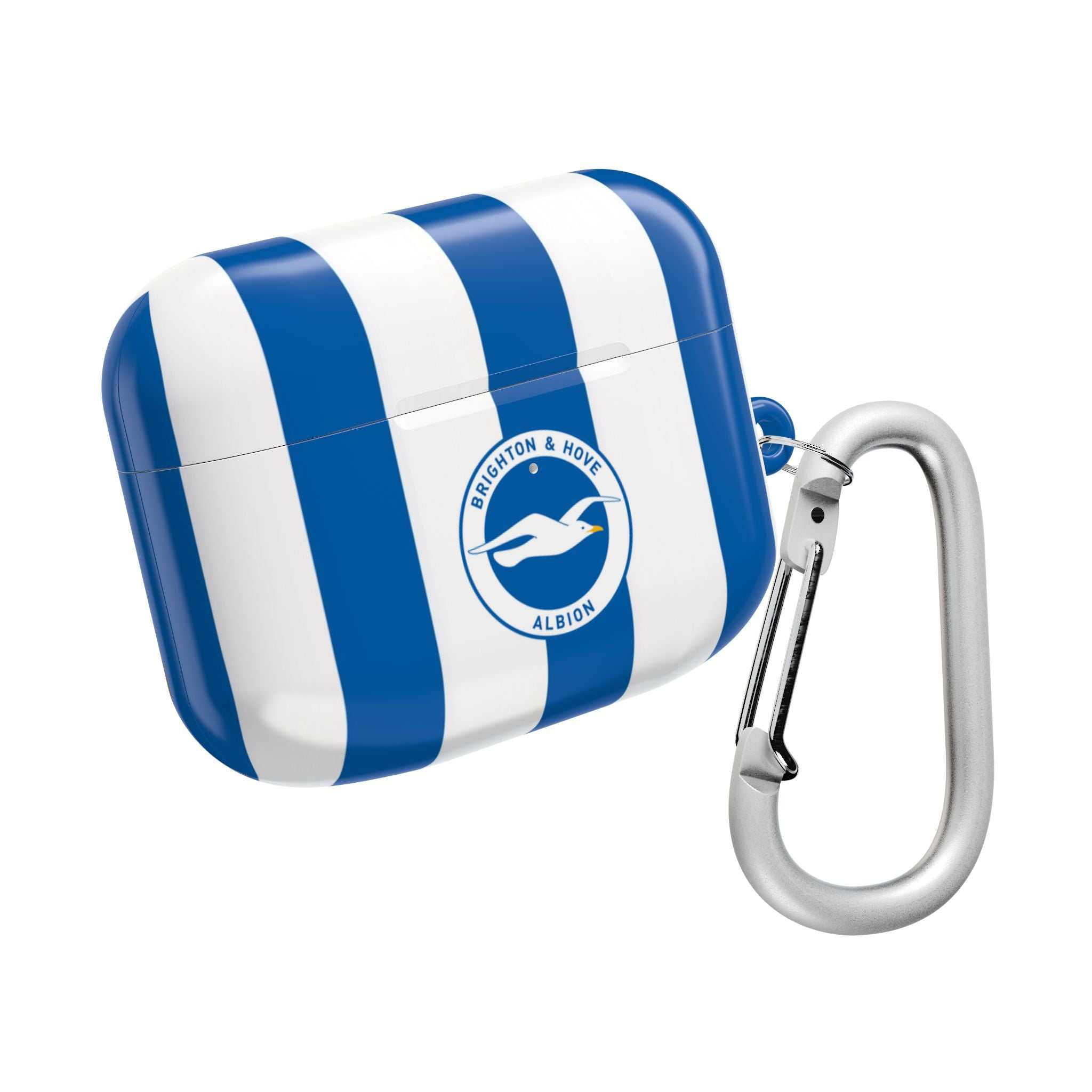 Brighton FC AirPods protective case in blue and white stripes with club crest and carabiner clip