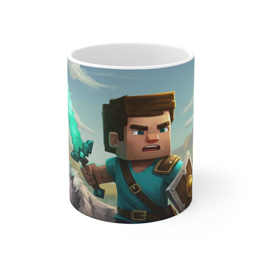 Minecraft Inspired Adventure Mug featuring iconic pixelated character Alex, durable ceramic with glossy finish.