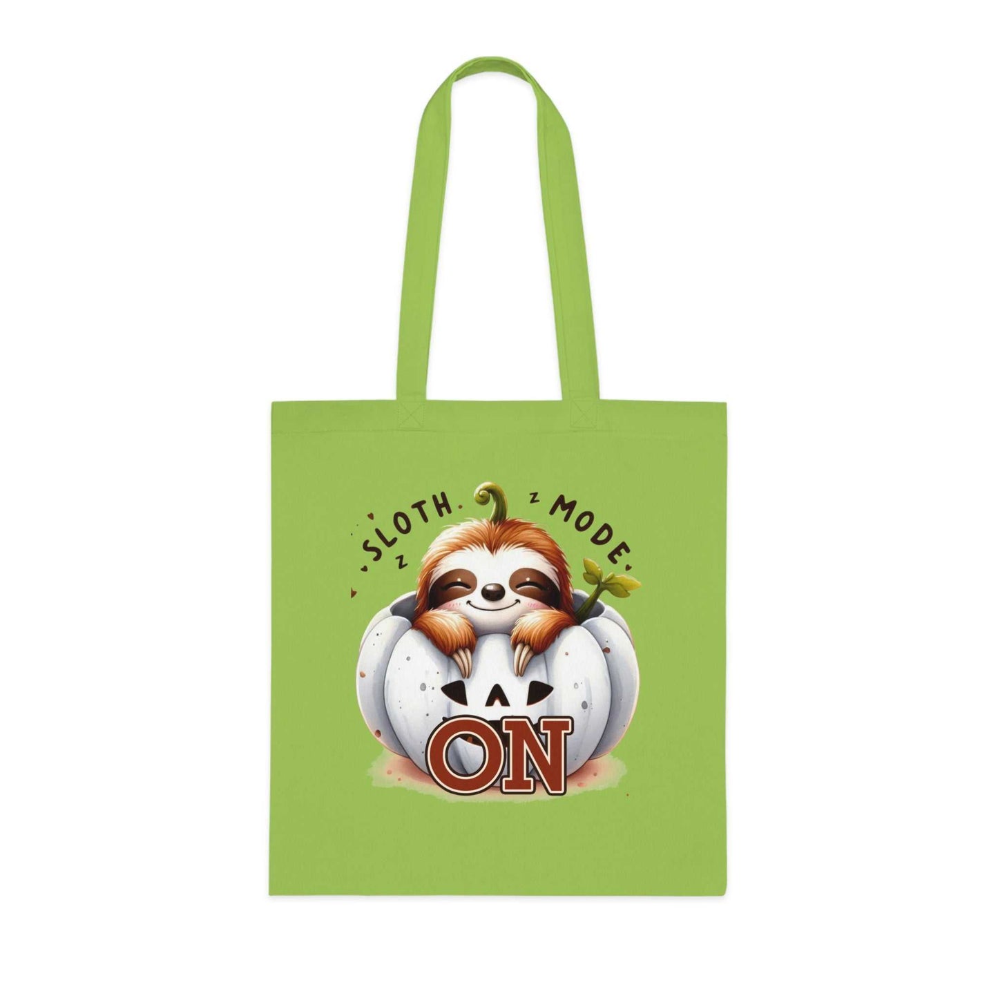 Cute green cotton sloth tote bag with "Sloth Mode ON" design, ideal for everyday use.