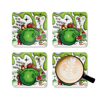 Grinch Christmas coaster set with grumpy Grinch design, high-gloss MDF top, cork back, and heat-resistant features.