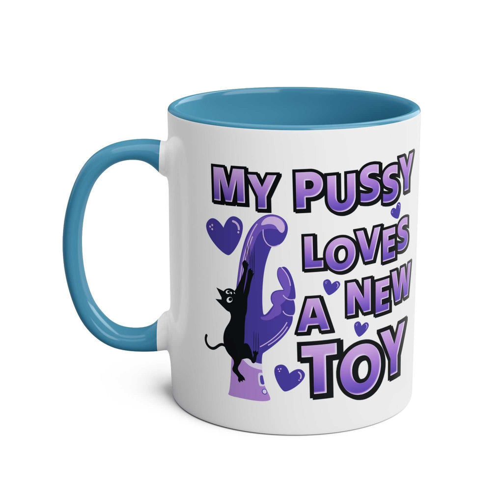 Cheeky Fun Coffee Mug with playful purple and black design, glossy finish, and blue handle interior.