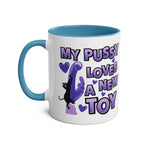 Cheeky Fun Coffee Mug with playful purple and black design, glossy finish, and blue handle interior.