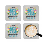 Best Friend Coaster Set with playful design featuring colorful flowers and fun message, includes four pieces, perfect for friendship gifts.