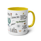 Fathers Day gift mug with fun designs and yellow interior.