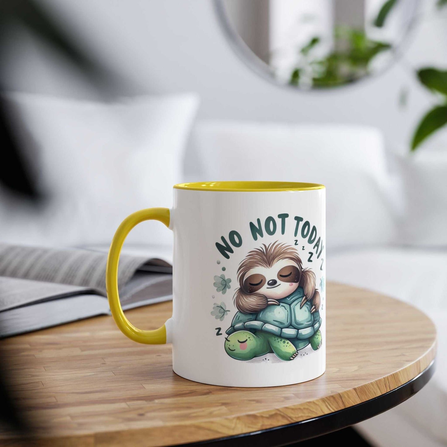 Cute sloth coffee mug on wooden table with cozy sloth design, yellow interior, and text "No not today".