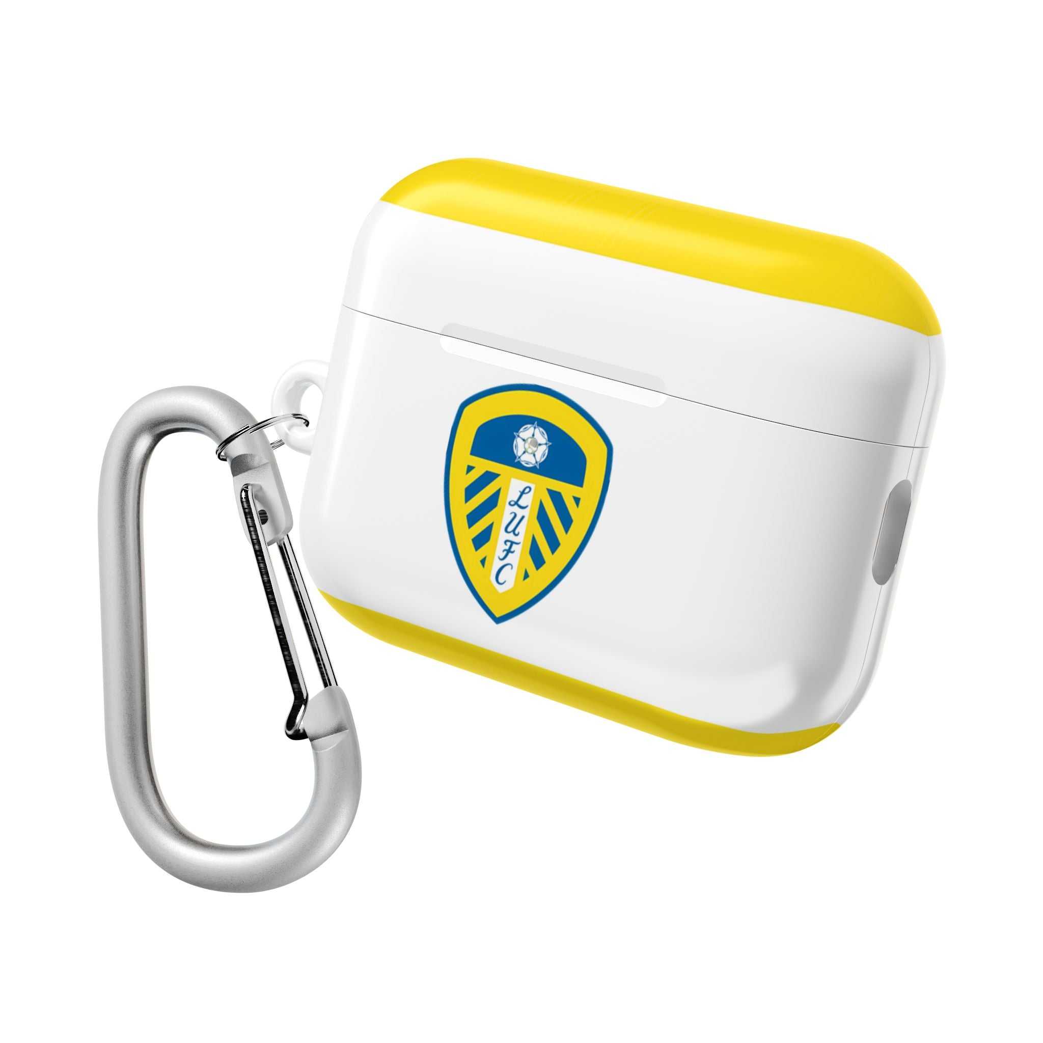 Leeds Utd FC AirPods protective case with yellow accents and club crest, lightweight and shock-resistant.