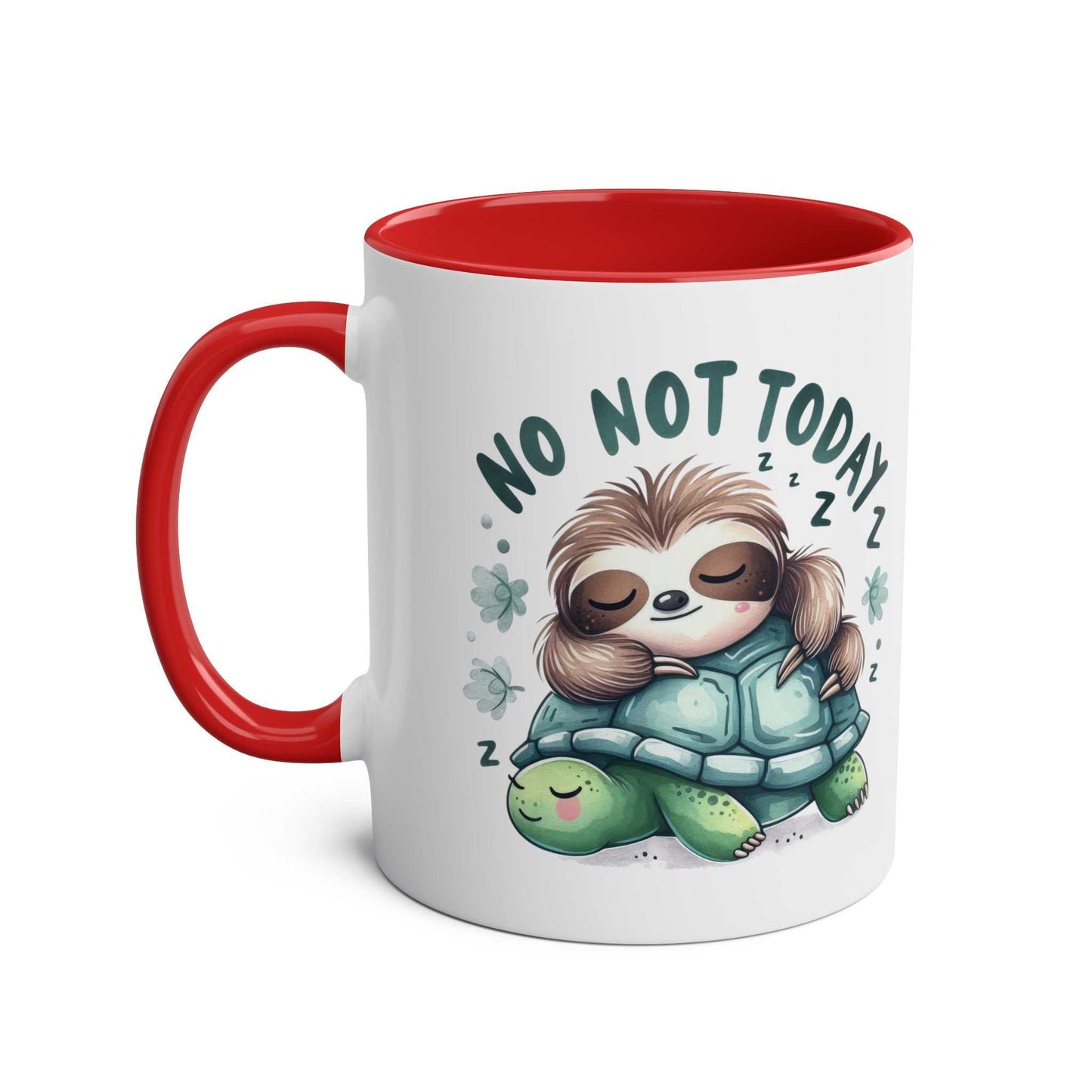 Cute sloth coffee mug with red handle and whimsical design.