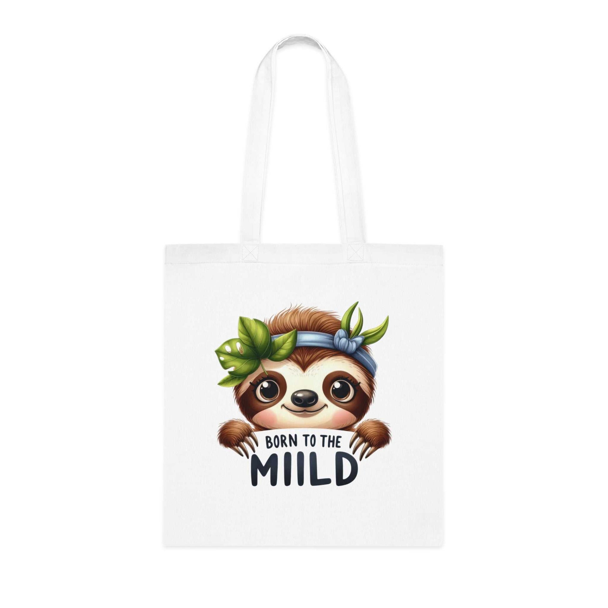 Cotton tote with cute sloth print on white background.