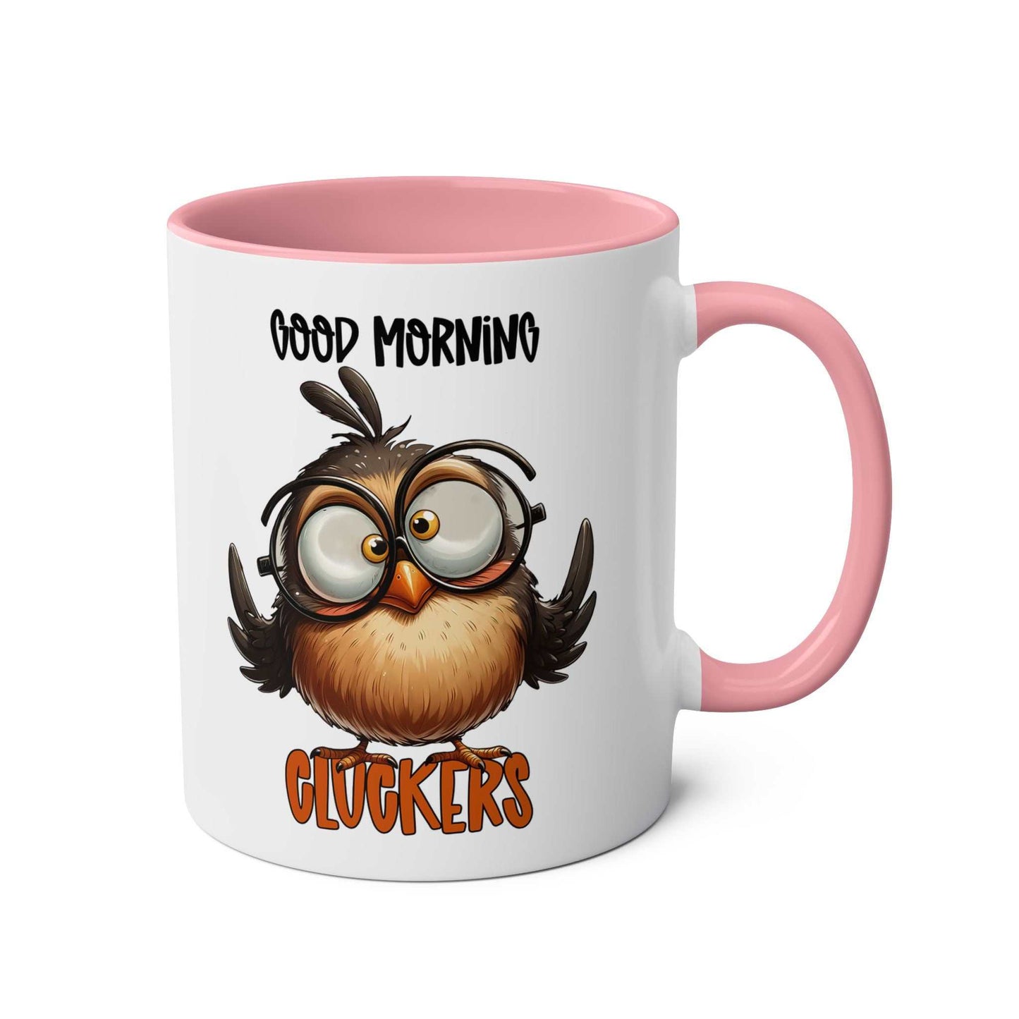 Funny Morning Cluckers Coffee Mug with Owl Design, 11oz Ceramic, Pink Handle