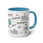 Fathers Day Gift Mug with fun design and blue handle.