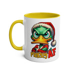 Novelty Christmas mug with sassy duck design and Merry AF text, 11oz ceramic, yellow handle.