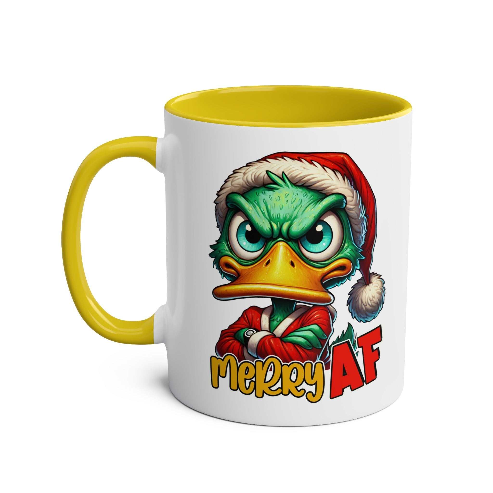 Novelty Christmas mug with sassy duck design and Merry AF text, 11oz ceramic, yellow handle.
