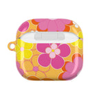 Retro floral AirPods protective case with vibrant pink and yellow flowers, glossy hard shell, compatible with AirPods and AirPods Pro, wireless charging friendly