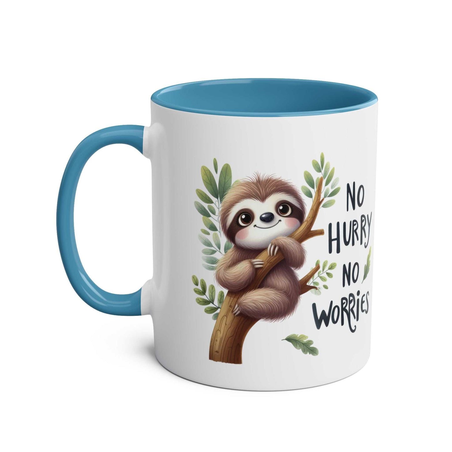 Cute sloth coffee mug with whimsical design and blue interior.