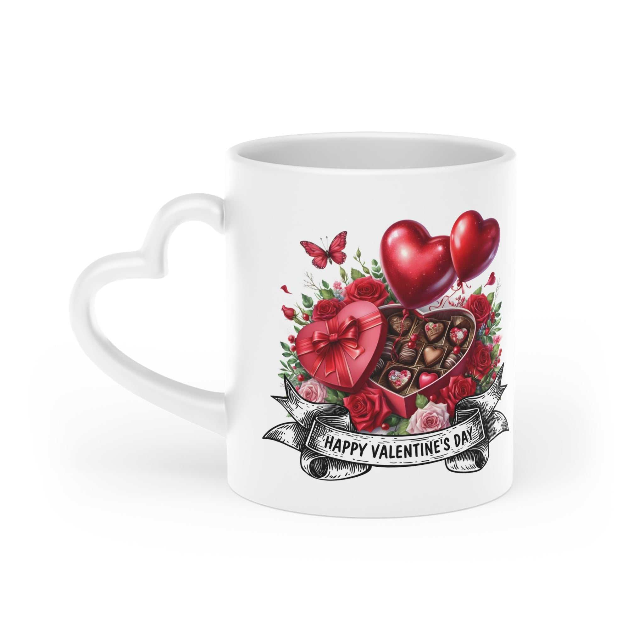 Beautiful Valentine's Day mug with heart-shaped handle and vibrant design.