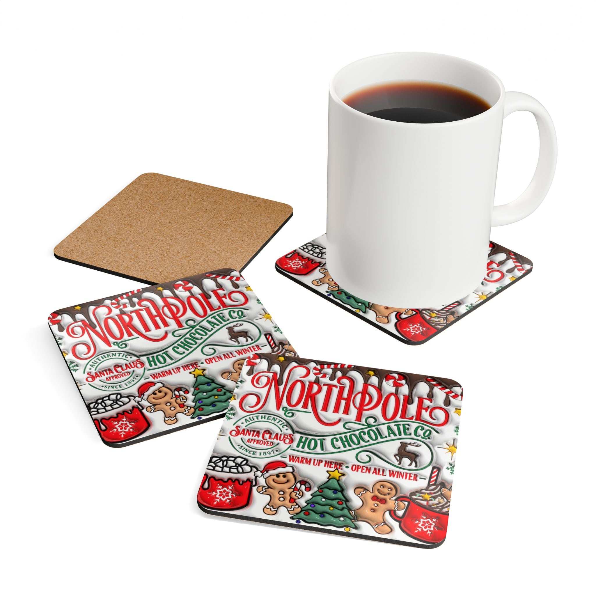 Northpole Christmas Coaster Set with festive holiday design, cork back, and matching mug.