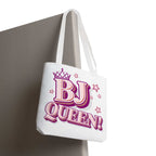 BJ Queen Tote Bag with cheeky design, durable spun polyester, multiple sizes and handle color options