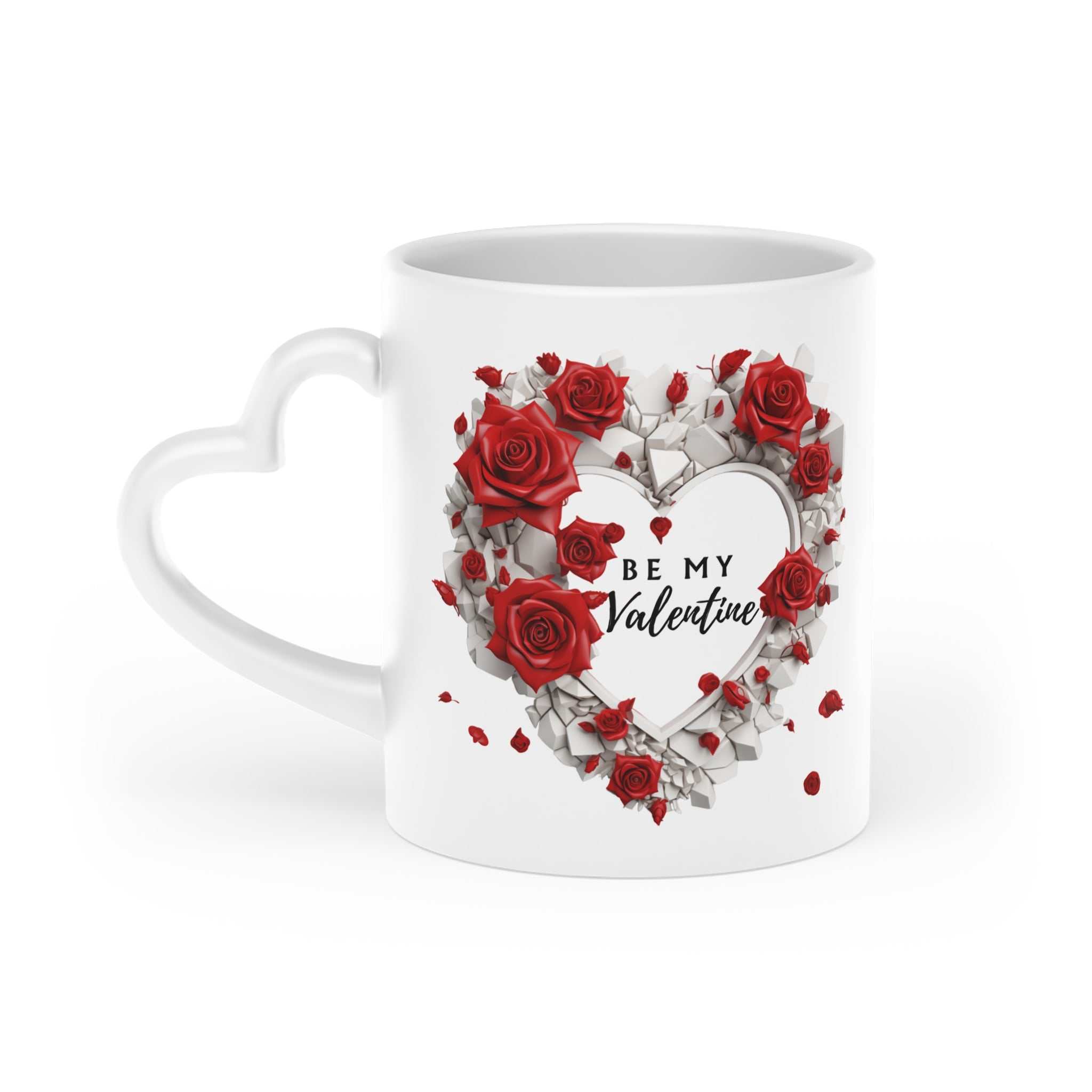 Gorgeous Valentines Day mug with heart-shaped handle and vibrant rose design.