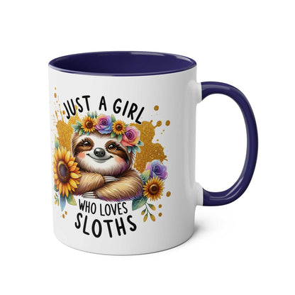 Cute sloth coffee mug with floral decoration and "Just a Girl Who Loves Sloths" text.