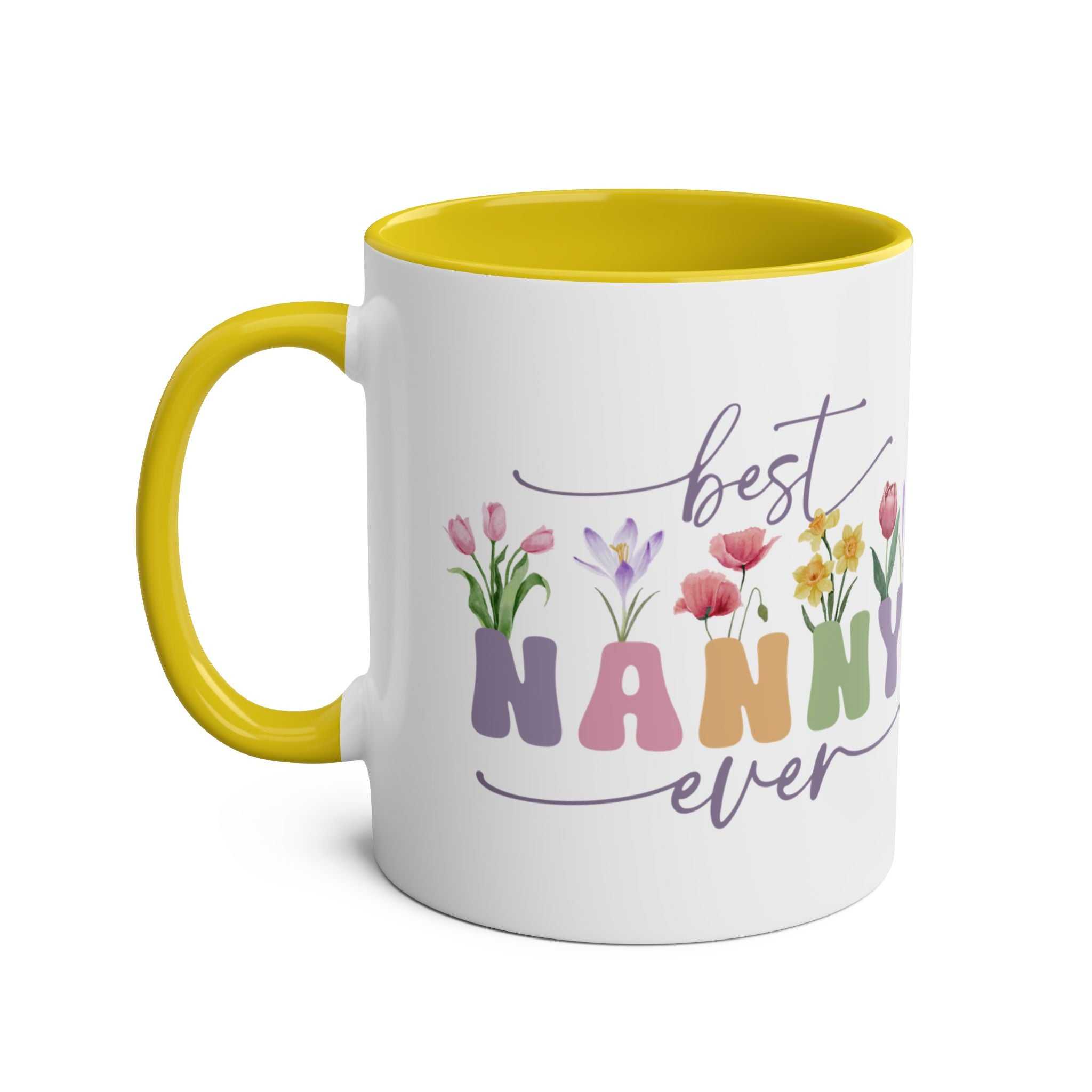Best Nanny Ever Mother's Day gift mug with floral design, yellow handle, and interior.