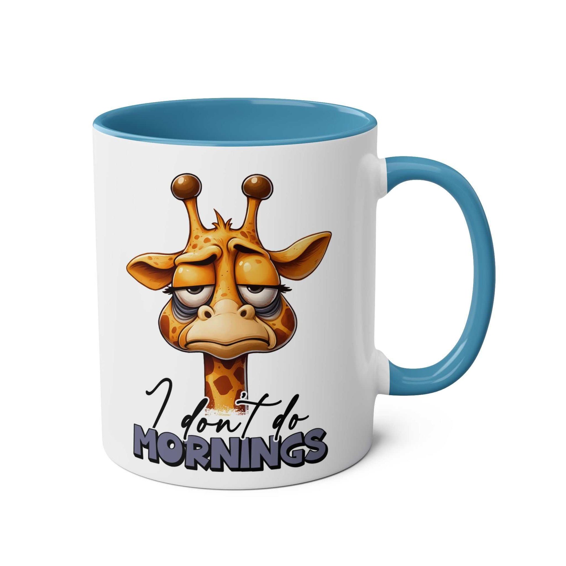 Dont Do Mornings Coffee Mug with playful giraffe design and blue interior.