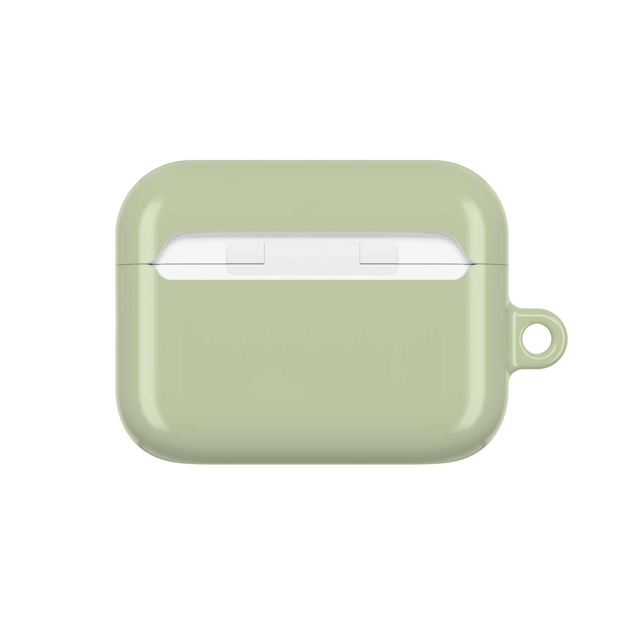 Sage green hard shell AirPods protective case with glossy finish and wireless charging compatibility