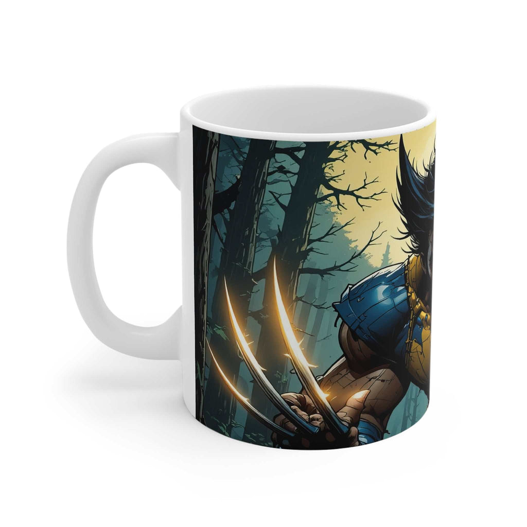 Wolverine-inspired superhero coffee mug with glossy finish and vibrant forest-themed design, microwave and dishwasher safe ceramic cup.