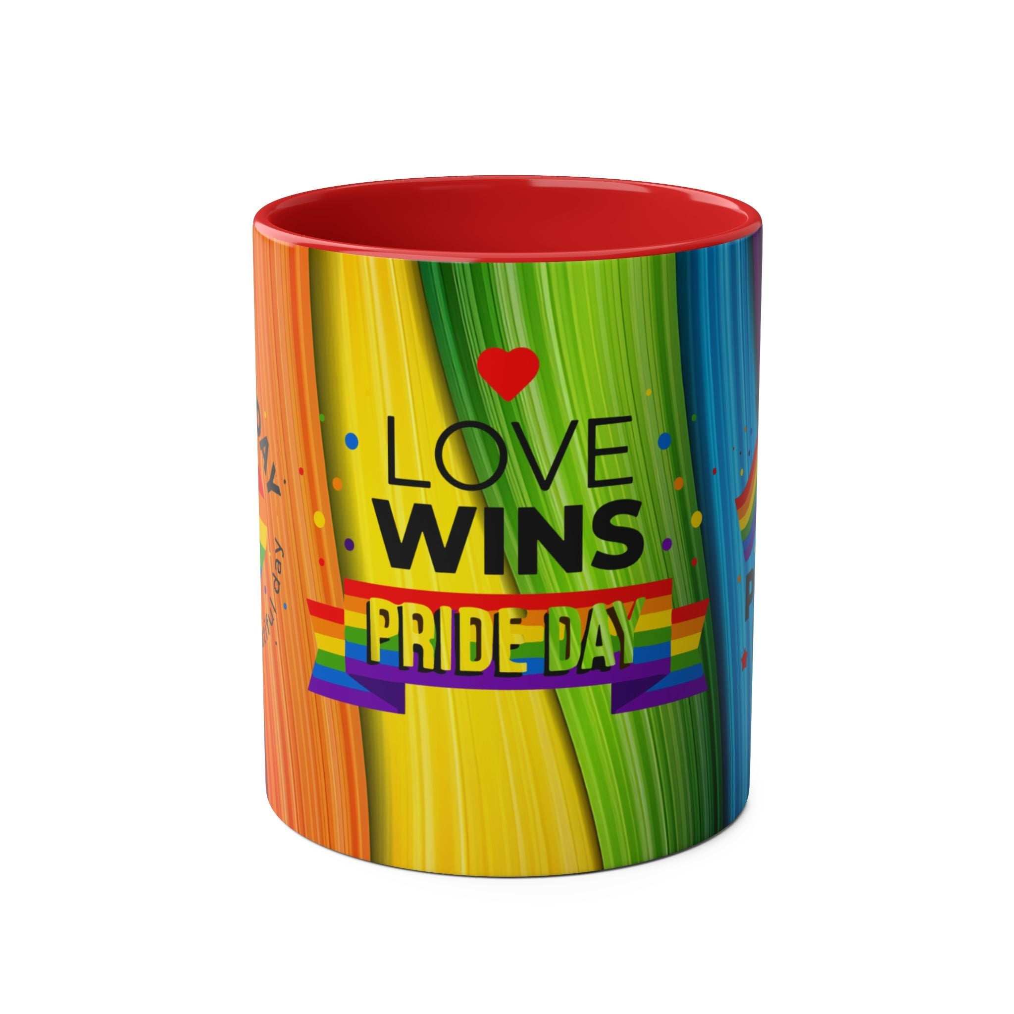 LGBTQ+ Pride ceramic mug with vibrant rainbow design and "Love Wins" text.