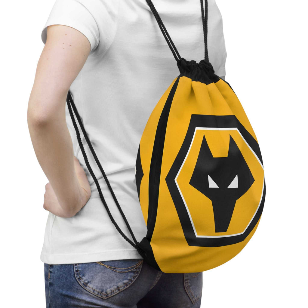 Wolves FC drawstring bag in gold and black with wolf crest, lightweight polyester, secure closure, ideal for sports and casual use