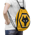 Wolves FC drawstring bag in gold and black with wolf crest, lightweight polyester, secure closure, ideal for sports and casual use