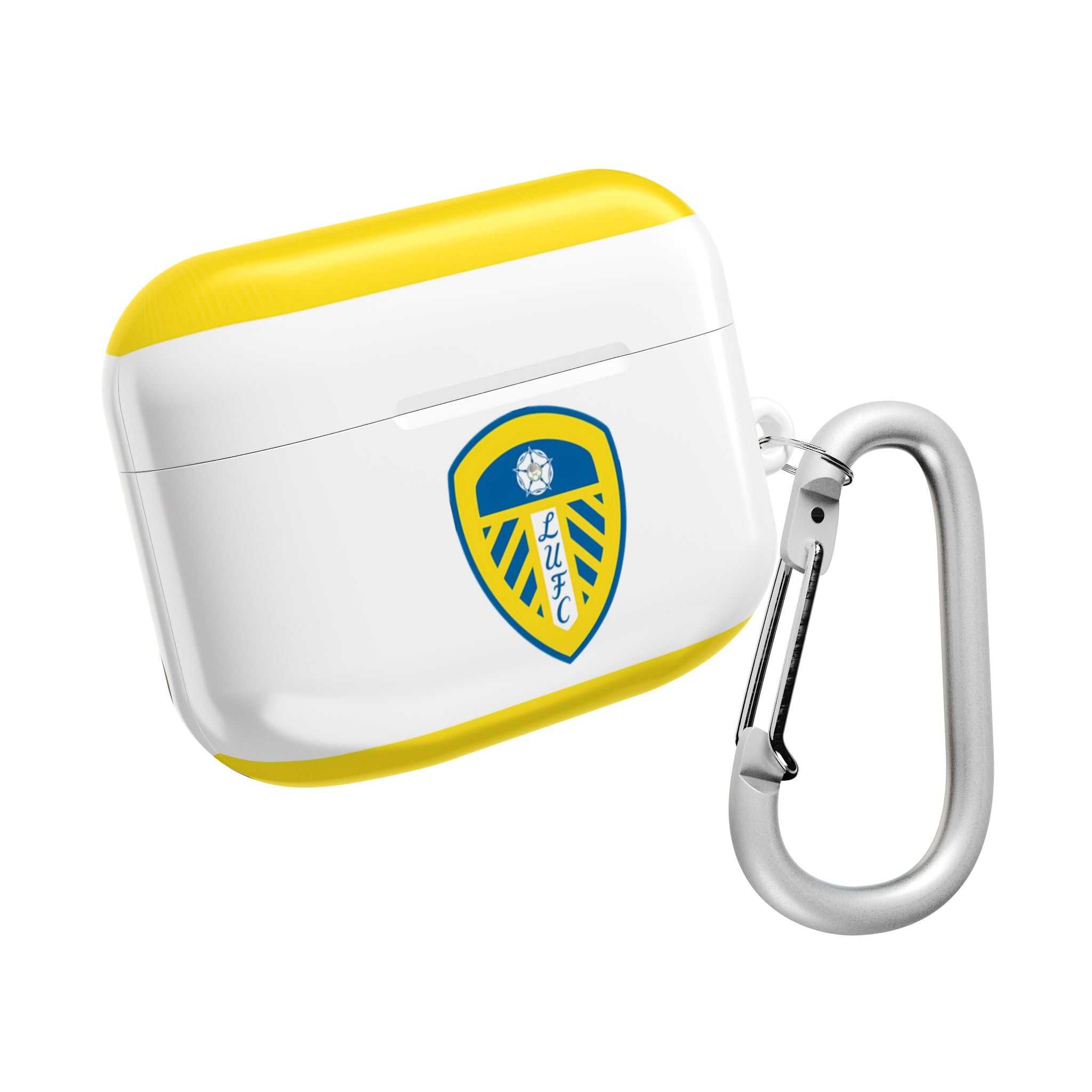 Leeds Utd FC AirPods protective case in white and yellow with club crest and carabiner clip