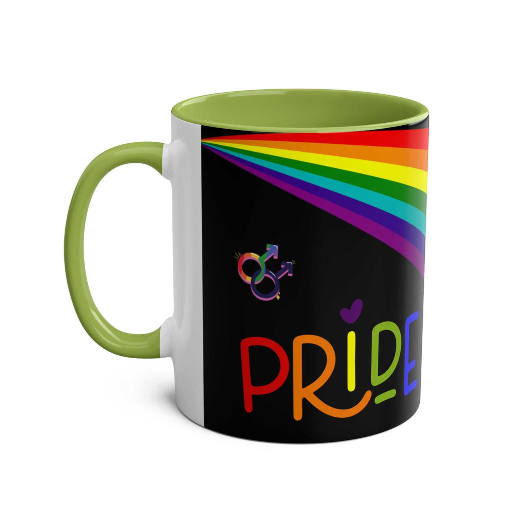 LGBTQ+ Pride Mug with rainbow design and green handle.