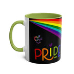 LGBTQ+ Pride Mug with rainbow design and green handle.