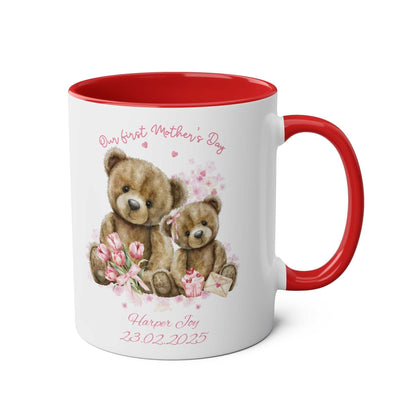 Personalised Our First Mother's Day Girl Gift Mug with teddy bears and floral design, red interior.