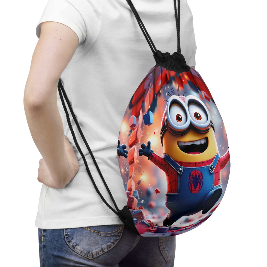 Minion Spider-Man drawstring bag with fun superhero design, durable polyester, lightweight and spacious for kids.
