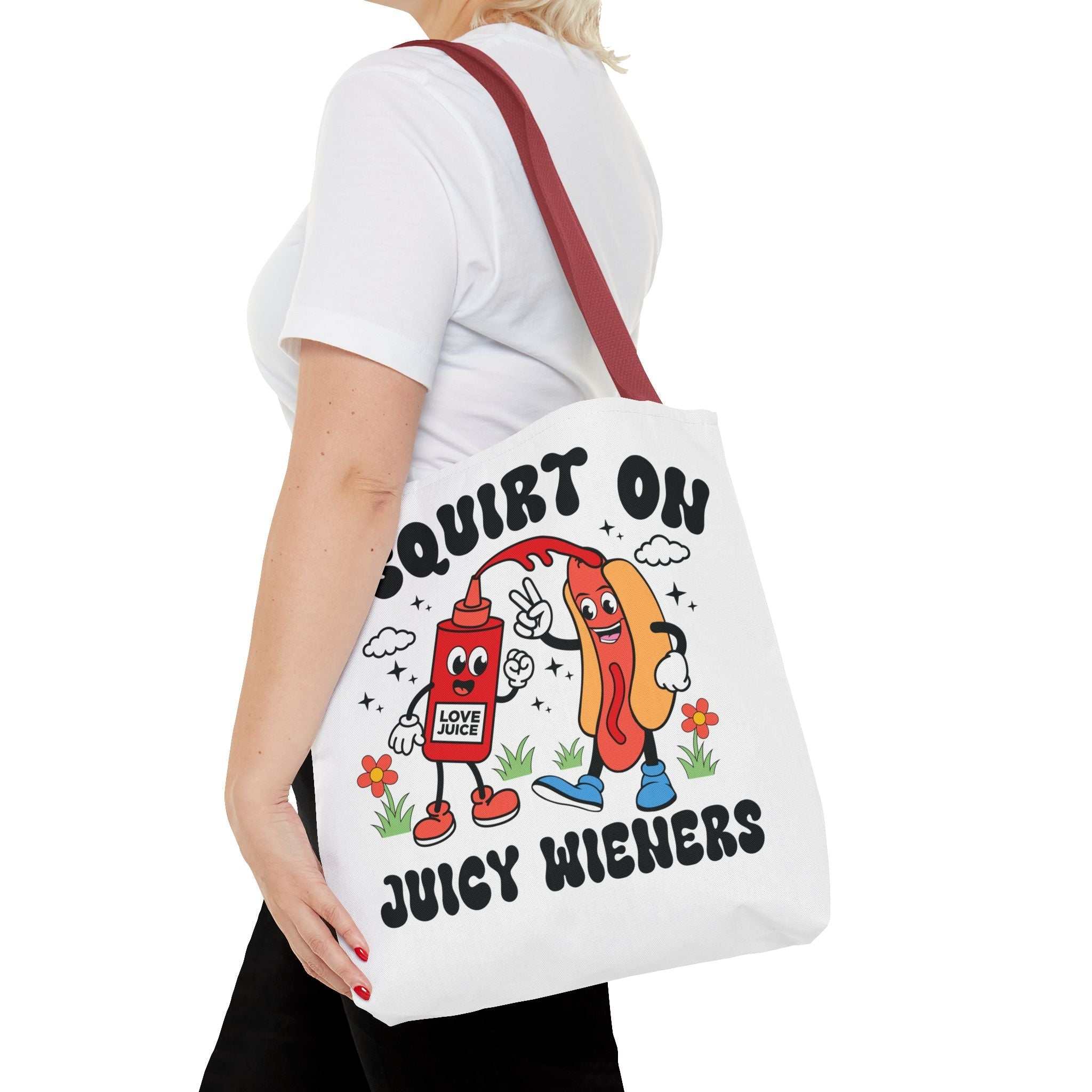 Cheeky Juicy Wieners Fun Tote Bag with hot dog print and durable polyester fabric