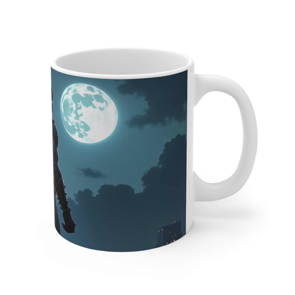 Batman inspired superhero ceramic coffee mug with dark night cityscape and full moon design, glossy finish, 11oz size.