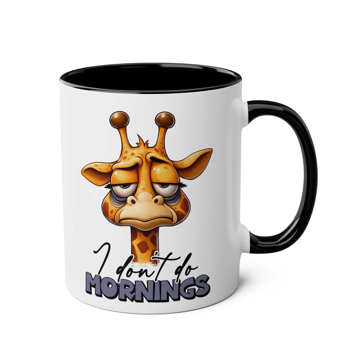 Dont Do Mornings Coffee Mug featuring playful giraffe design, glossy finish, 11oz ceramic, dishwasher safe.