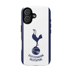 Tottenham FC MagSafe iPhone case with navy and white crest, dual-layer protection, and wireless charging compatibility