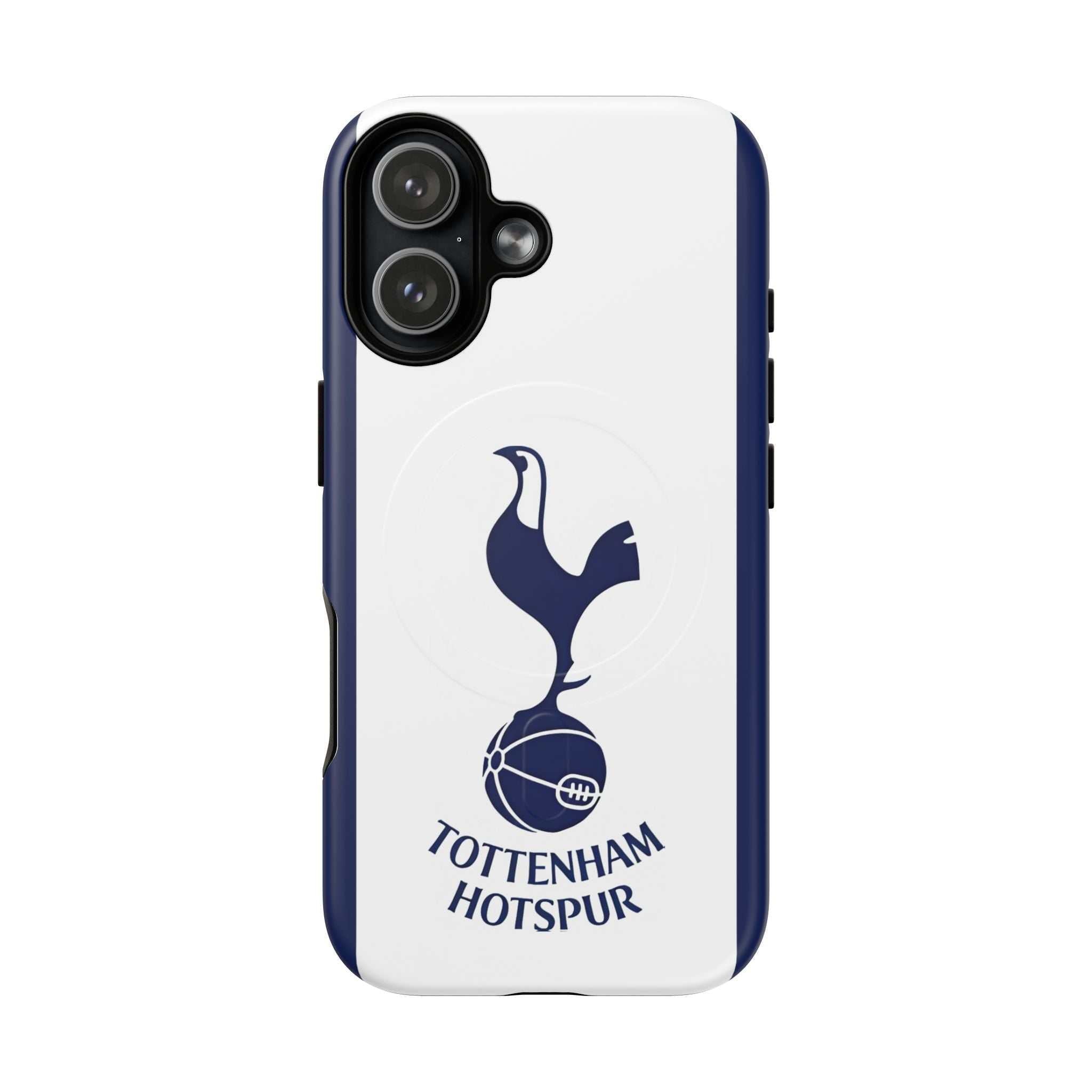 Tottenham FC MagSafe iPhone case with navy and white crest, dual-layer protection, and wireless charging compatibility