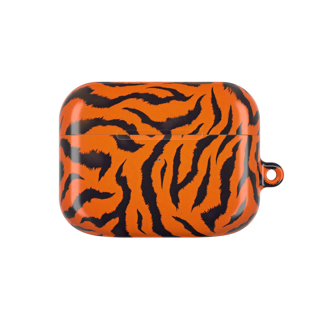 Orange tiger print protective hard shell case for AirPods and AirPods Pro with glossy finish