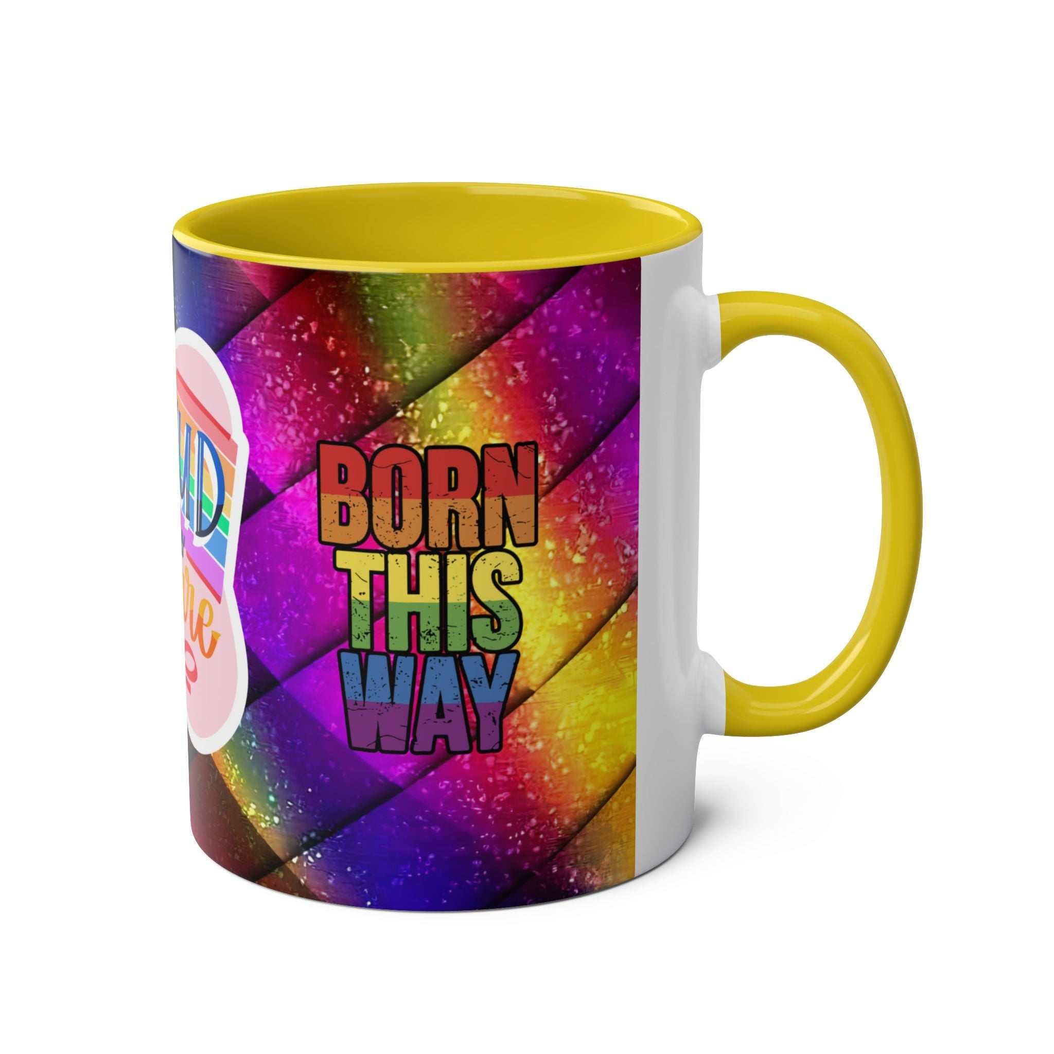 LGBTQ+ Pride mug with vibrant rainbow design and "Born This Way" text, celebrating love and equality.
