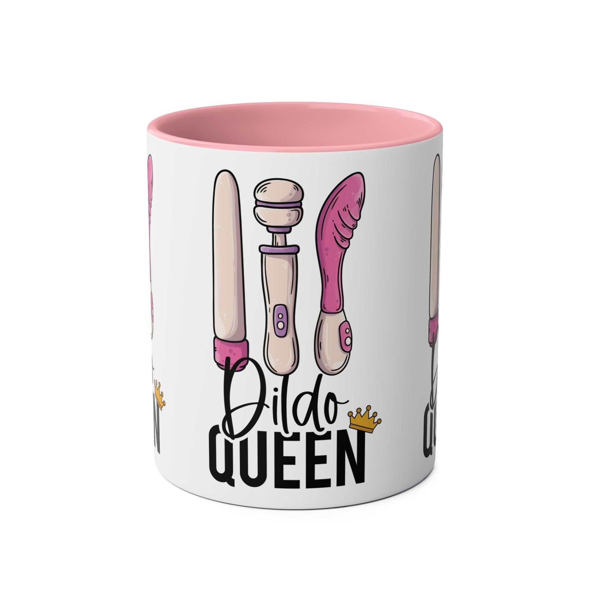 Cheeky Dildo Queen Coffee Mug with playful design and pink interior.