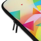 Close-up of colorful geometric pride design laptop sleeve with dual zipper and black neoprene edges
