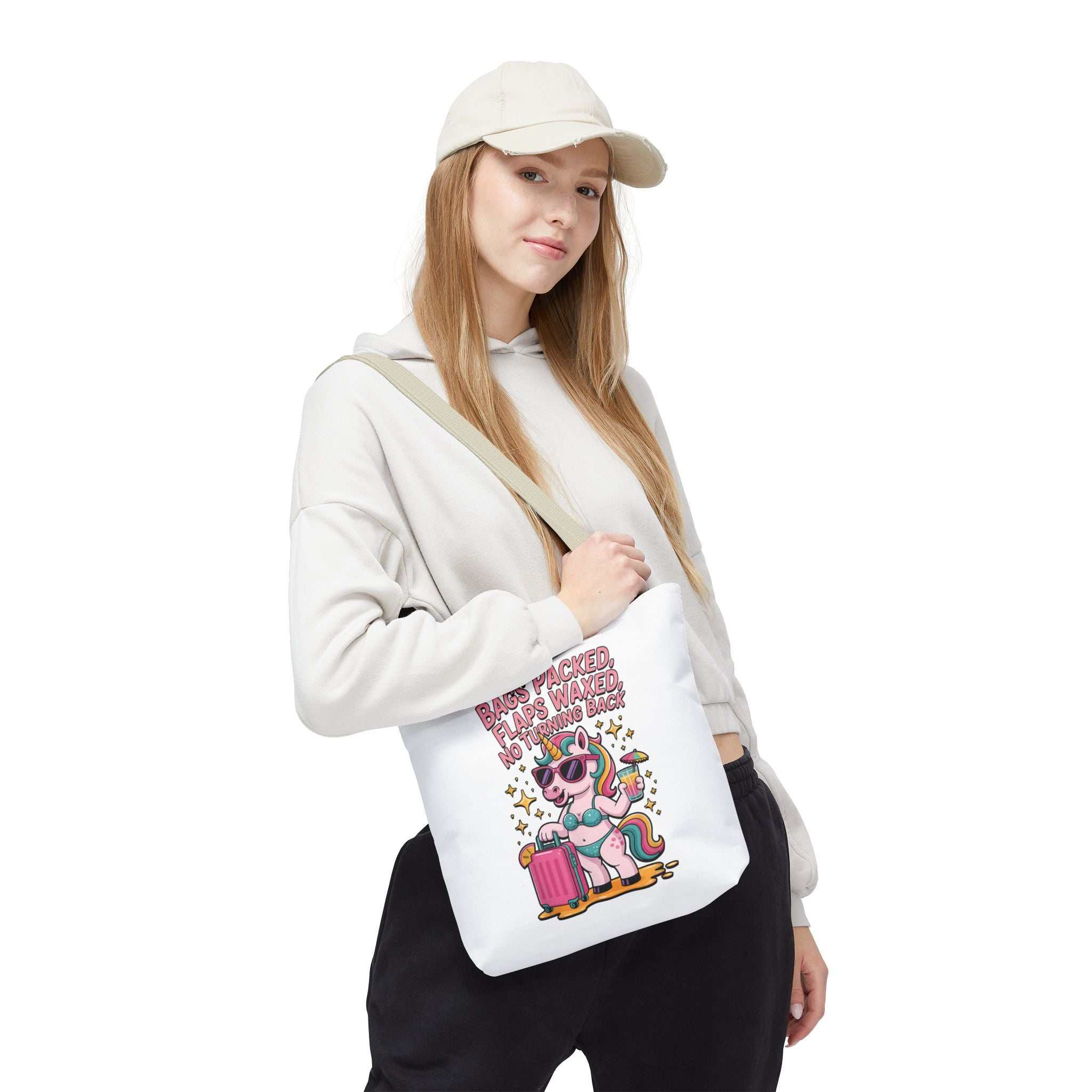 Fun Unicorn Travel Tote Bag with cheeky design and colorful handles, durable polyester, multiple sizes for errands and outings