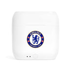 White Chelsea Fc wireless earbuds charging case with fan-inspired club crest design